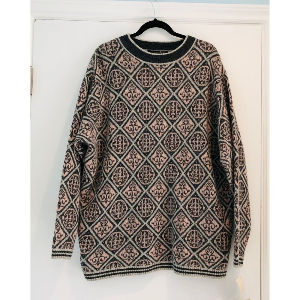 Vtg Jeanne Pierre Woman Sweater Lambswool Wool Angora 1X Geometric Grey NWT 90s